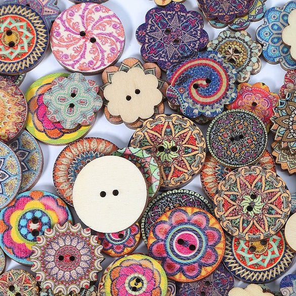 Wholesale Wooden Buttons With Multicolor Printing Flower And Totem Patterns Classic Retro Style