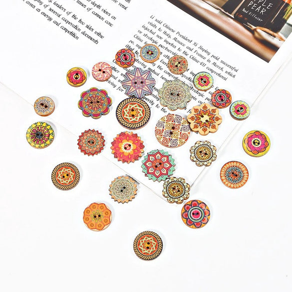 Wholesale Wooden Buttons With Multicolor Printing Flower And Totem Patterns Classic Retro Style