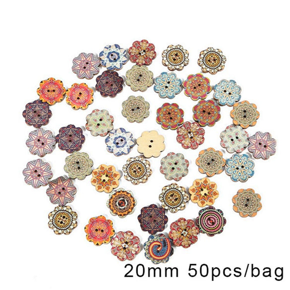 Wholesale Wooden Buttons With Multicolor Printing Flower And Totem Patterns Classic Retro Style