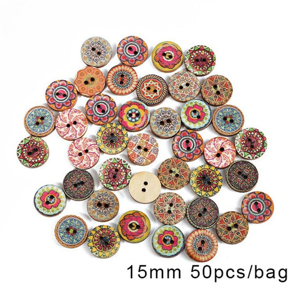 Wholesale Wooden Buttons With Multicolor Printing Flower And Totem Patterns Classic Retro Style