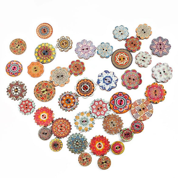 Wholesale Wooden Buttons With Multicolor Printing Flower And Totem Patterns Classic Retro Style