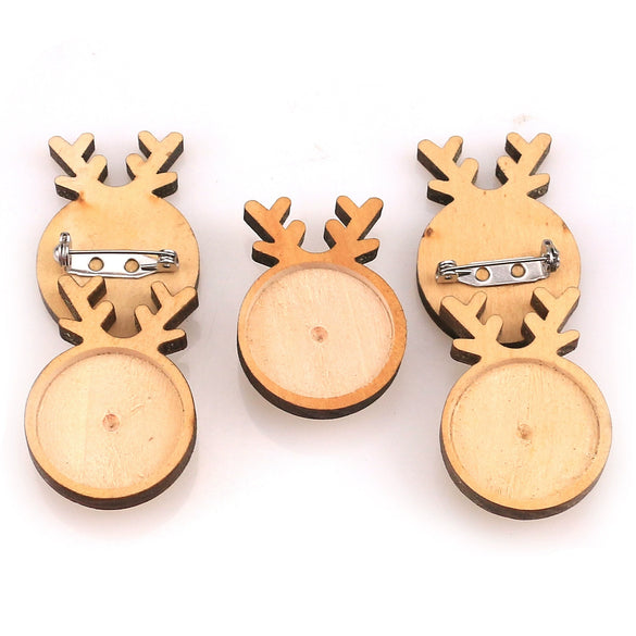 Wholesale Wooden Christmas Elk Round Brooch Base And Rings With Stainless Steel Time Gem Tray Electroplated Diy Accessories