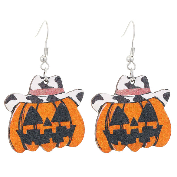 Wholesale Wooden Gothic Cartoon Ghostface Pumpkin Pendant Earrings With Printing And 14K Gold Ear Needles For Women
