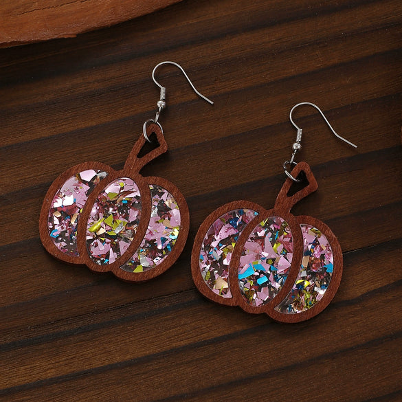 Wholesale Wooden Gothic Cartoon Ghostface Pumpkin Pendant Earrings With Printing And 14K Gold Ear Needles For Women