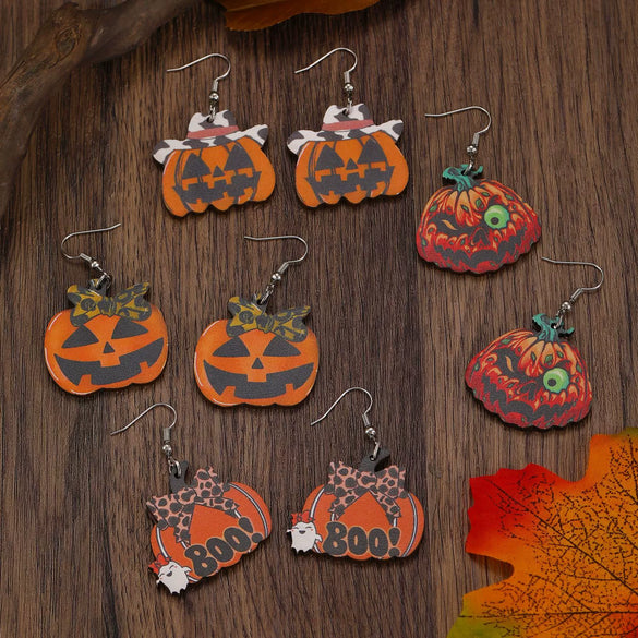 Wholesale Wooden Gothic Cartoon Ghostface Pumpkin Pendant Earrings With Printing And 14K Gold Ear Needles For Women