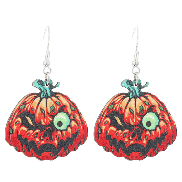 Wholesale Wooden Gothic Cartoon Ghostface Pumpkin Pendant Earrings With Printing And 14K Gold Ear Needles For Women