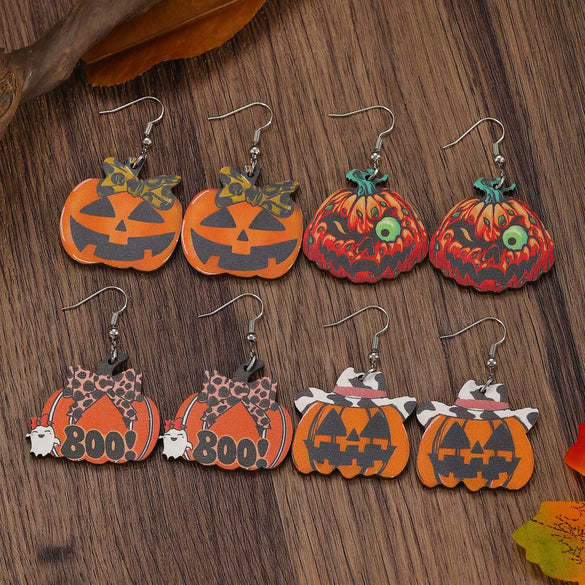 Wholesale Wooden Gothic Cartoon Ghostface Pumpkin Pendant Earrings With Printing And 14K Gold Ear Needles For Women