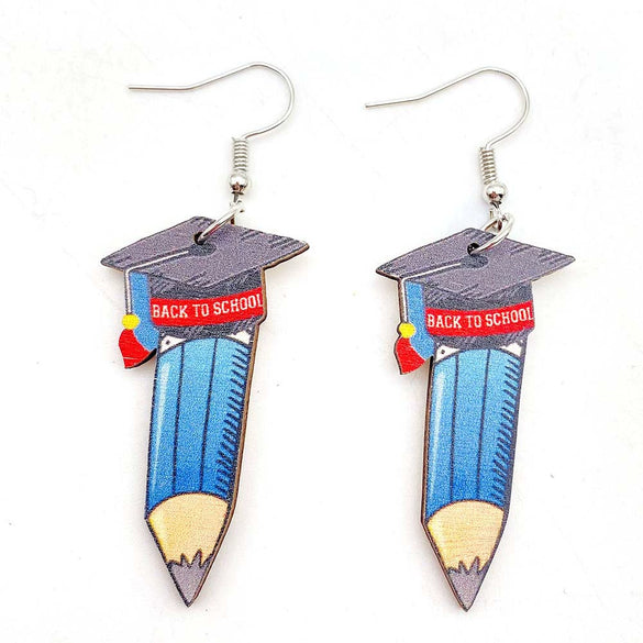 Wholesale Wooden Handmade Drop Shape Geometric Letter Printed Pendant Earrings For Women