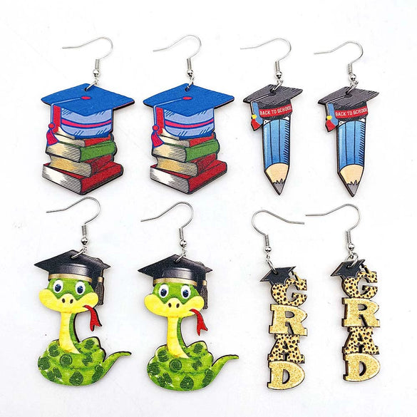 Wholesale Wooden Handmade Drop Shape Geometric Letter Printed Pendant Earrings For Women