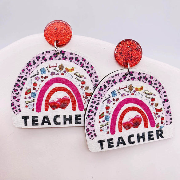 Wholesale Wooden Handmade Women's Earrings With Rainbow Apple Book Leopard Print Geometric Cartoon Characters Ushaped Letters Numbers Text Patterns