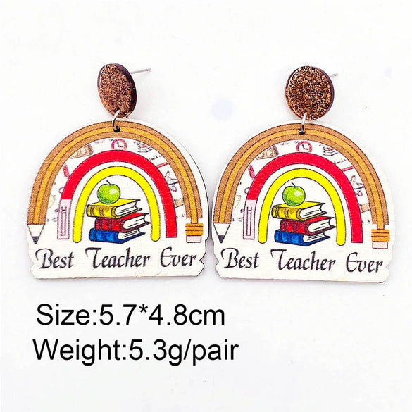 Wholesale Wooden Handmade Women's Earrings With Rainbow Apple Book Leopard Print Geometric Cartoon Characters Ushaped Letters Numbers Text Patterns