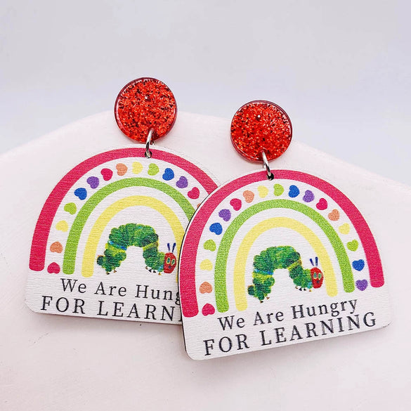 Wholesale Wooden Handmade Women's Earrings With Rainbow Apple Book Leopard Print Geometric Cartoon Characters Ushaped Letters Numbers Text Patterns