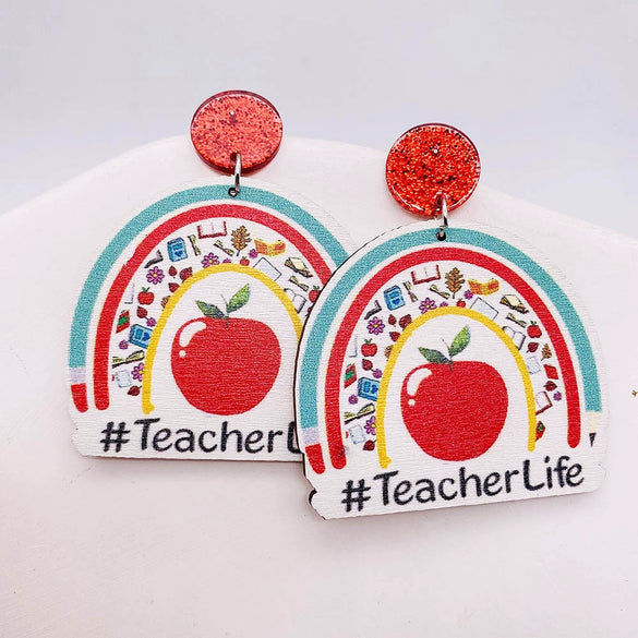Wholesale Wooden Handmade Women's Earrings With Rainbow Apple Book Leopard Print Geometric Cartoon Characters Ushaped Letters Numbers Text Patterns