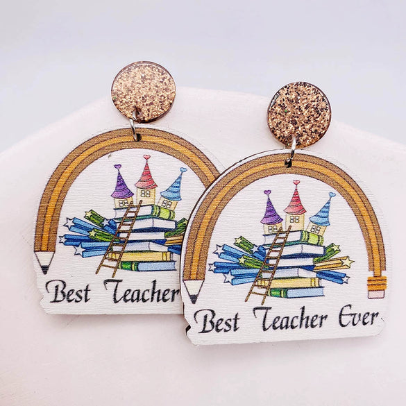 Wholesale Wooden Handmade Women's Earrings With Rainbow Apple Book Leopard Print Geometric Cartoon Characters Ushaped Letters Numbers Text Patterns