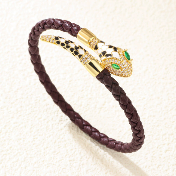 Wholesale Woven Open Bracelet Zinc Alloy Snakeshaped Vintage Rhinestone Snake Head Microinlay Animals Zodiac Style