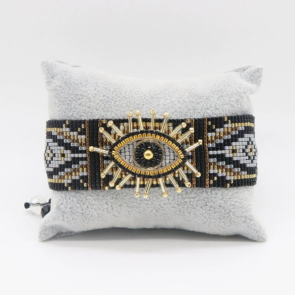 Wholesale Woven Wide Devil's Eye Bracelet With Miyuki Rice Beads Glass Glaze Material Geometric Pattern Bohemian Style Unisex