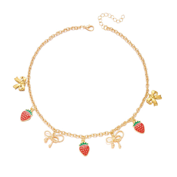 Wholesale Y2k Style Sweet Bow Red Strawberry Alloy Pearl Chain Necklace With Electroplating For Women