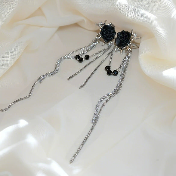 Wholesale Zinc Alloy Black Rose Long Tassel Electroplating Light Luxury Women's Earrings