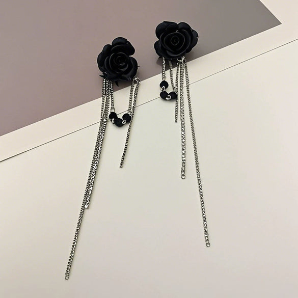 Wholesale Zinc Alloy Black Rose Long Tassel Electroplating Light Luxury Women's Earrings