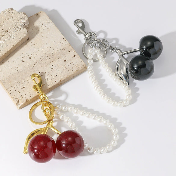 Wholesale Zinc Alloy Fruit Shape Electroplated Resin Cherry Pearl Key Chain Pendant Luggage Charms