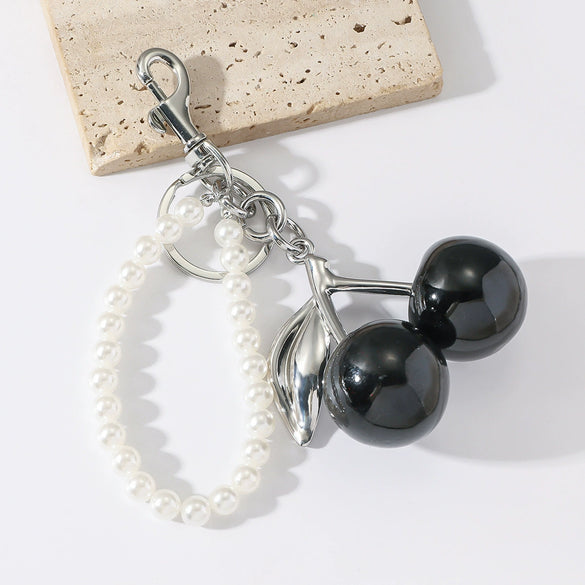 Wholesale Zinc Alloy Fruit Shape Electroplated Resin Cherry Pearl Key Chain Pendant Luggage Charms