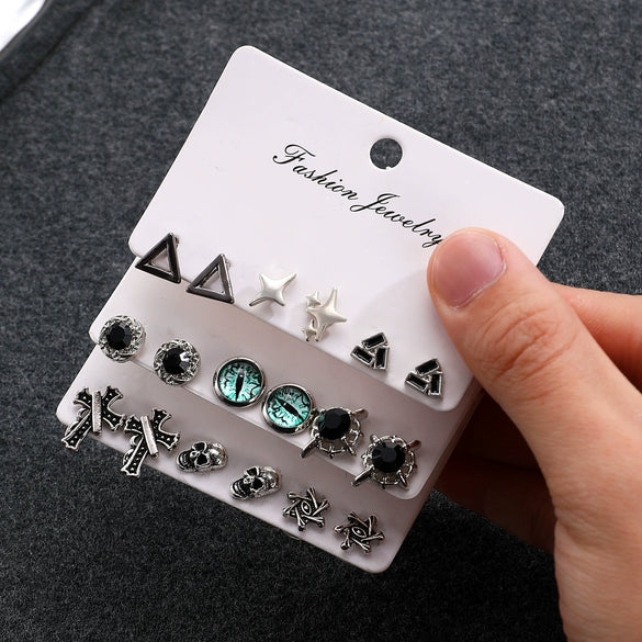 Wholesale Zinc Alloy Geometric Retro Dark Style Electroplated Unisex Earrings Three Piece Suit