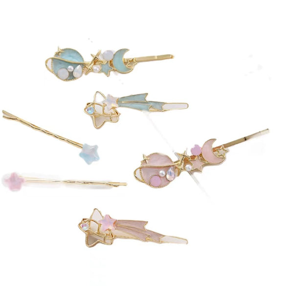 Wholesale Zinc Alloy Handmade Cute Star Moon Fantasy Pink Blue Hair Clips For Girls
