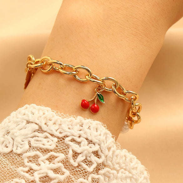 Wholesale Zinc Alloy Leaf And Fruit Pattern Electroplated Pendant Bracelet For Women