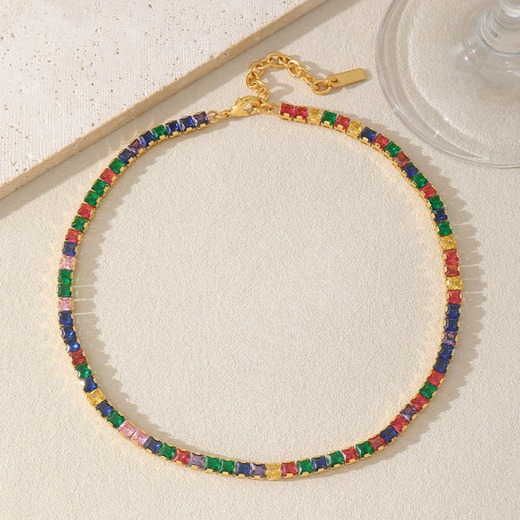 Wholesale Zircon And Copper Dopamine Fashion Geometric Square Necklace With Real Gold Plating