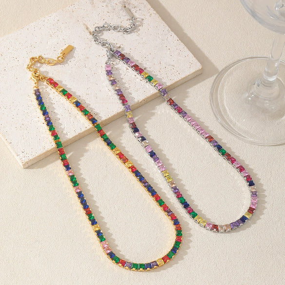 Wholesale Zircon And Copper Dopamine Fashion Geometric Square Necklace With Real Gold Plating