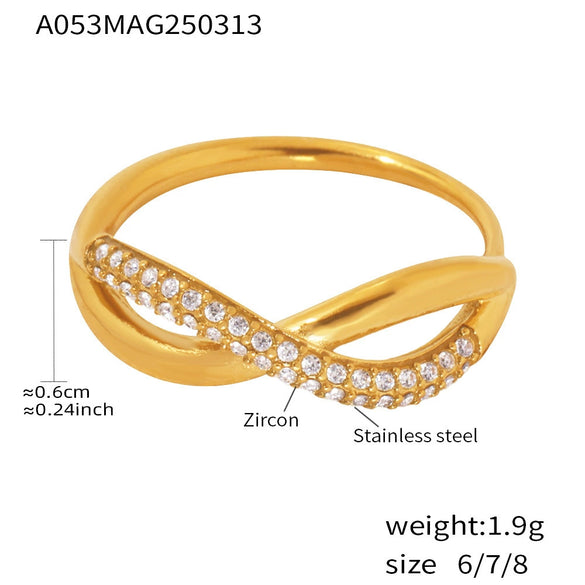Wholesale Zircon Cross Finger Ring Stainless Steel 18K Gold Plated Geometric Light Luxury Style