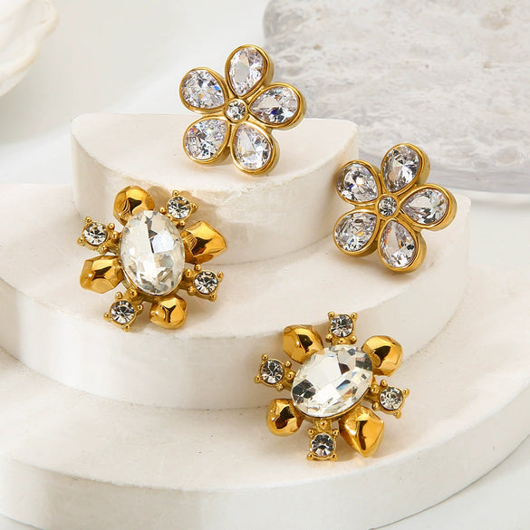 Wholesale Zircon Flower Stainless Steel 18K Gold Plated Earrings For Women