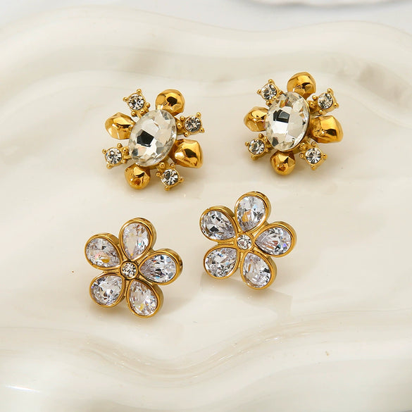 Wholesale Zircon Flower Stainless Steel 18K Gold Plated Earrings For Women