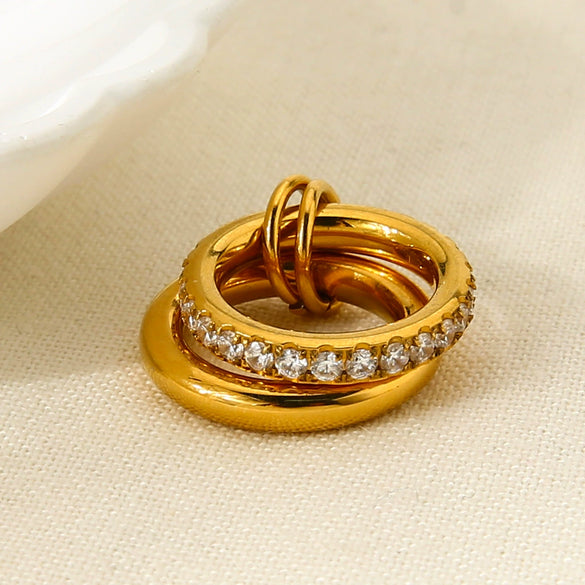 Wholesale Zircon Geometric Stainless Steel 18K Gold Plated Doublelayer Ring For Women Light Luxury Jewelry