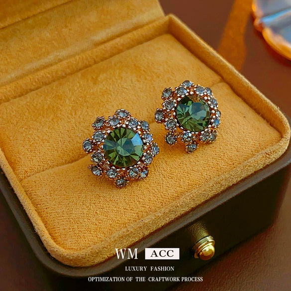 Wholesale Zircon Inlaid Geometric Silver Needle Round Bead Earrings For Women Gold Electroplated French Elegant Light Luxury Style