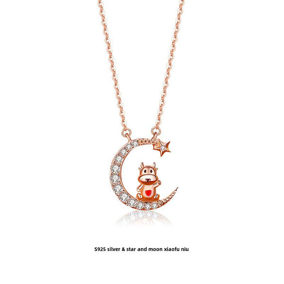 Wholesale Zodiac Dragon Pendant Necklace In Sterling Silver With Rose Gold Electroplated Cross Clavicle Chain And Star Moon Design
