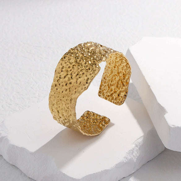 Wide Adjustable Open Titanium Steel Bracelet With Irregular Pattern 18K Gold Plated