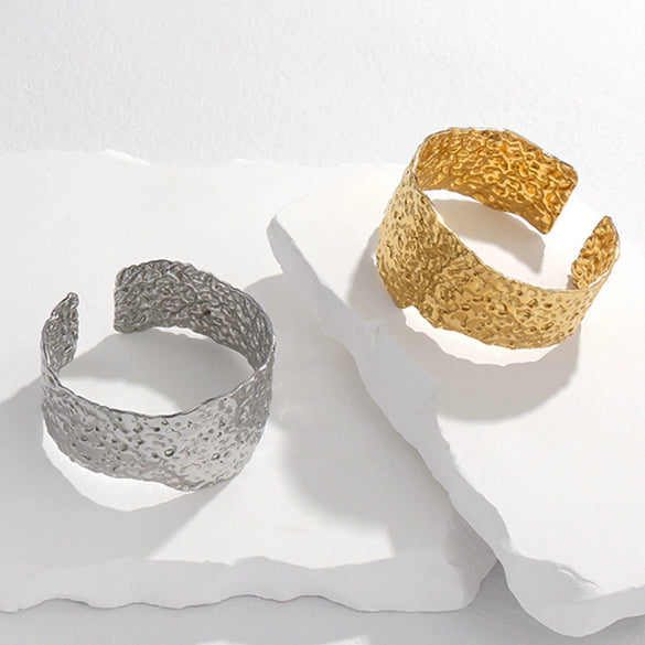 Wide Adjustable Open Titanium Steel Bracelet With Irregular Pattern 18K Gold Plated