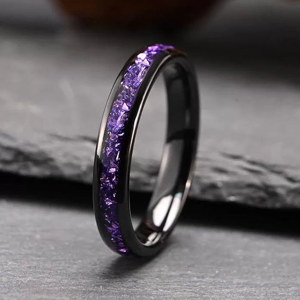 Wide Arc Tungsten Steel Ring With Black Electroplated Finish Goldtone Detail And Purple Crystal Inlay Minimalist Geometric Unisex Jewelry