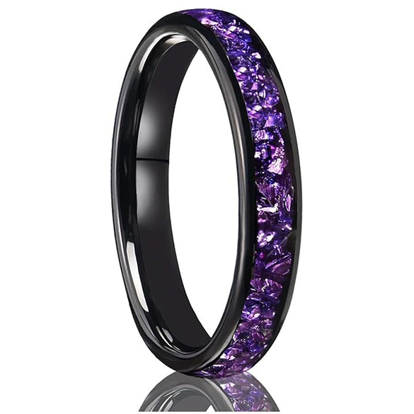 Wide Arc Tungsten Steel Ring With Black Electroplated Finish Goldtone Detail And Purple Crystal Inlay Minimalist Geometric Unisex Jewelry