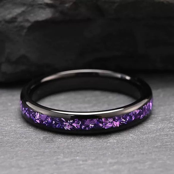Wide Arc Tungsten Steel Ring With Black Electroplated Finish Goldtone Detail And Purple Crystal Inlay Minimalist Geometric Unisex Jewelry