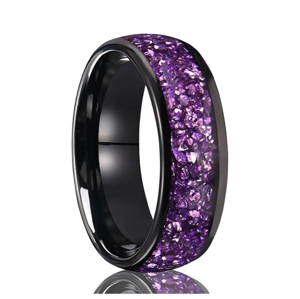 Wide Arc Tungsten Steel Ring With Black Finish And Purple Crystal Inlay Geometric Minimalist Electroplated Jewelry For Unisex Wear
