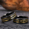Wide Black Electroplated Tungsten Steel Ring With Gold Foil And Meteorite Inlay Minimalist Geometric Unisex Jewelry