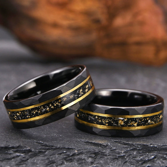 Wide Black Electroplated Tungsten Steel Ring With Gold Foil And Meteorite Inlay Minimalist Geometric Unisex Jewelry