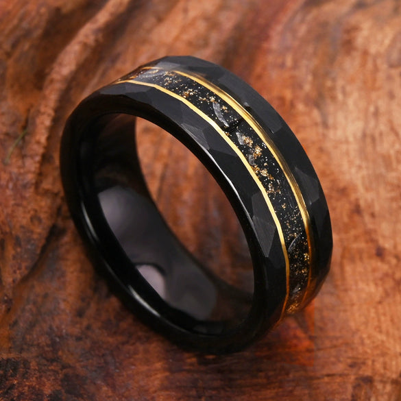 Wide Black Electroplated Tungsten Steel Ring With Gold Foil And Meteorite Inlay Minimalist Geometric Unisex Jewelry