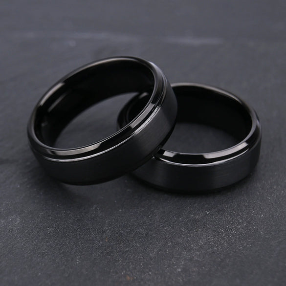 Wide Black Matte Textured Tungsten Steel Ring Geometric Casual Unisex Couple Band With Precision Crafted Finish