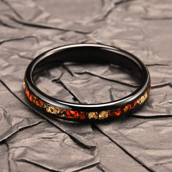 Wide Black Tungsten Steel Ring With Red Opal And Goldtone Inlay Electroplated Minimalist Geometric Unisex Jewelry