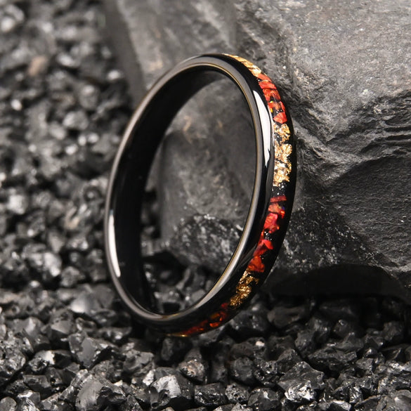 Wide Black Tungsten Steel Ring With Red Opal And Goldtone Inlay Electroplated Minimalist Geometric Unisex Jewelry