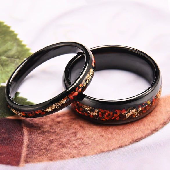 Wide Black Tungsten Steel Ring With Red Opal And Goldtone Inlay Electroplated Minimalist Geometric Unisex Jewelry