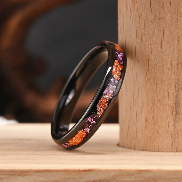 Wide Black Tungsten Steel Rings With Crushed Gold Foil And Amethyst Inlay Electroplated Minimalist Geometric Unisex Jewelry